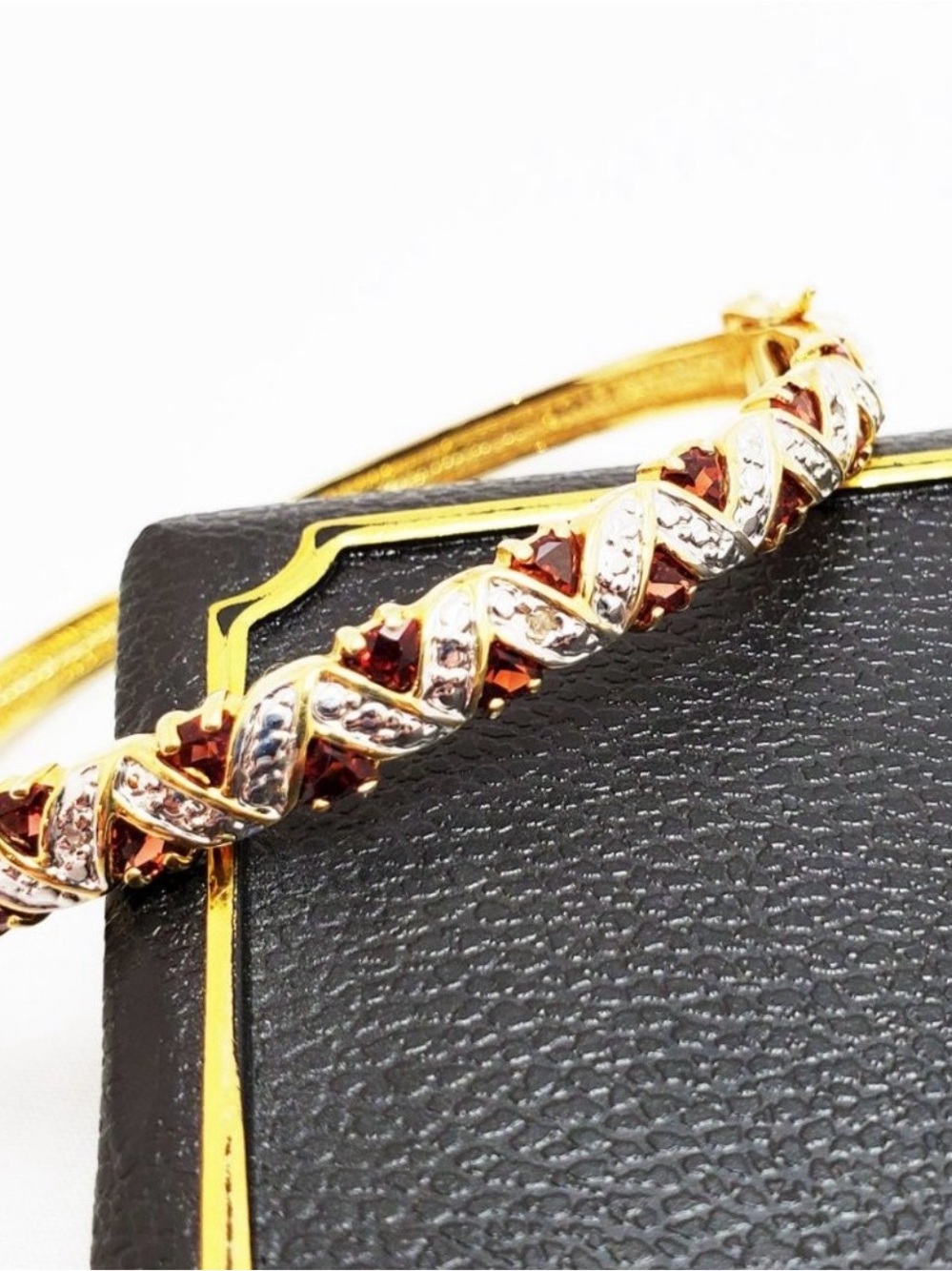 Gold Women's Hinged Bangle Bracelet - Elegant Ruby & Diamond Accent